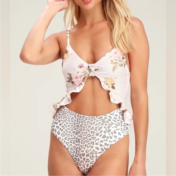 New P2F Carly Blush Floral and Leopard Print Cutout One-Piece Swimsuit Small… - Picture 1 of 16